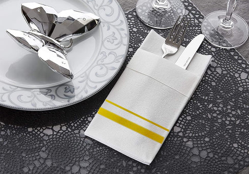 Disposable Dinner Napkins with Built-in Flatware Pocket, Linen Feel White and Golden Napkin, Prefolded for Silverware