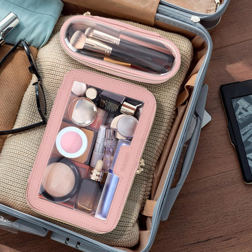 Travel Clear Makeup Bag with Makeup Brush Bag, Portable Waterproof Cosmetic Organizer Storage Bag for Women, Pink