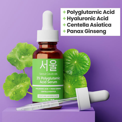 SeoulCeuticals Organic Polyglutamic Acid Serum - K Beauty Anti Aging with Hyaluronic Acid & Centella Asiatica (1oz)