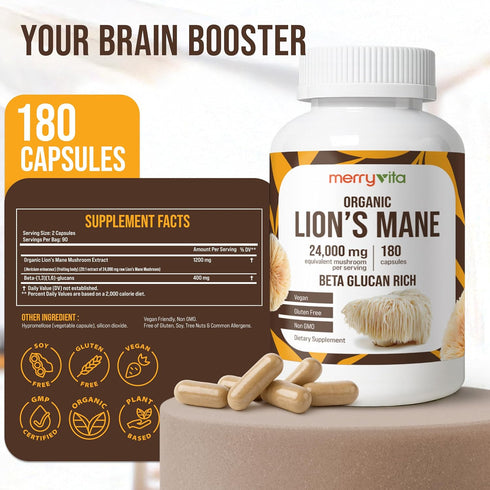 Immune 180 MERRY VITA Lions Mane Supplement Capsules Mushroom Supplement for Brain, Memory & Focus - Non GMO, Vegan