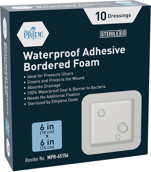 MED PRIDE Waterproof Silicone Foam Wound Dressing 6'' x 6'' (10-Count) Sterile, Adhesive Border for Healing Support