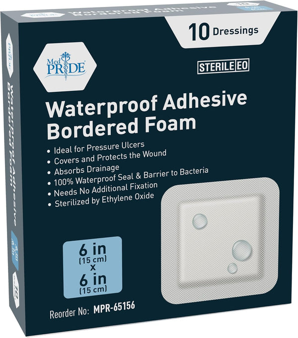 MED PRIDE Waterproof Silicone Foam Wound Dressing 6'' x 6'' (10-Count) Sterile, Adhesive Border for Healing Support