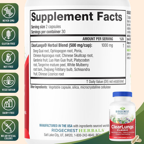 RidgeCrest Herbals ClearLungs Classic, 60 Caps for Natural Lung and Nasal Health Support