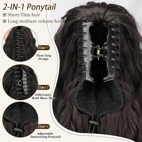 ORSUNCER Long Wavy Ponytail Extension, Black Brown 30" Curly Clip in Hair Extensions for Women