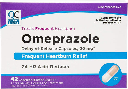 Quality Choice Omeprazole Delayed Release Acid Reducer Capsules, 20mg, 42 Count for Frequent Heartburn