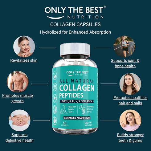 Only The Best Multi Collagen Peptides Capsules - 5X Absorption Hydrolyzed Collagen Supplement for Hair, Skin, Nails,