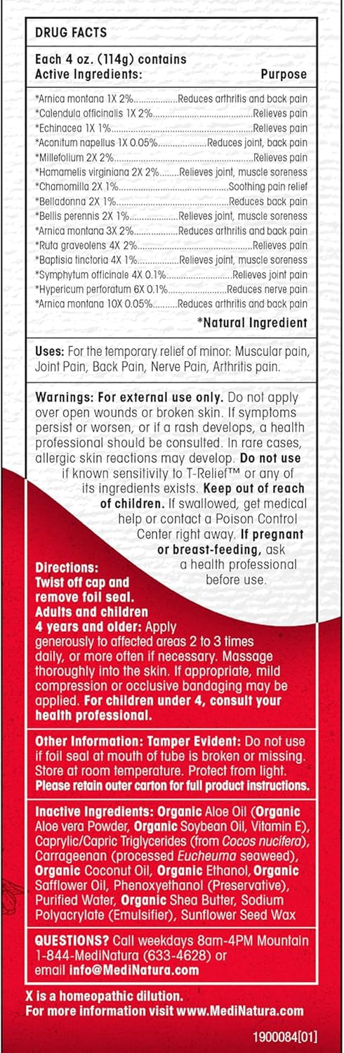 T-Relief Arnica +12 Cream for Back Pain, Joint Soreness, Muscle Aches & Stiffness, Fast Acting Relief, 4 oz