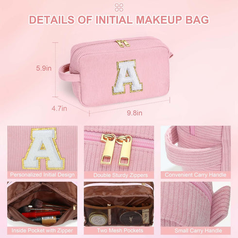 Personalized Monogram Makeup Bag, Cute Gifts for Women, Travel Makeup Organizer Bag, White Makeup Pouch with Letter S