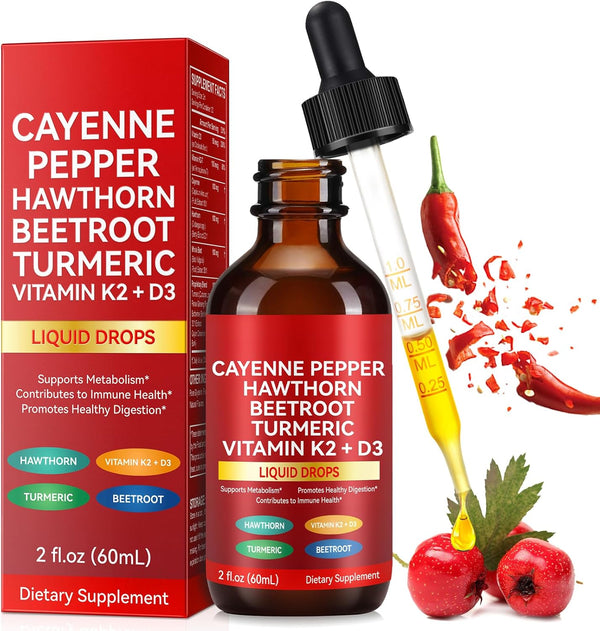 Rulviou Cayenne Pepper Drops+Hawthorn Berry, Vitamin D3 K2 Beet Root Powder, Ceylon Cinnamon,