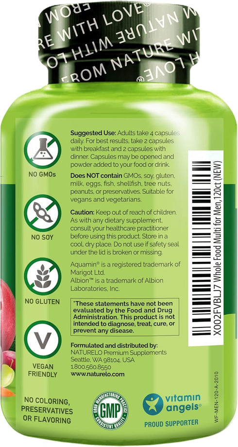 NATURELO Mens Multivitamins - Whole Food Multivitamin for Men with Vitamins, 120 Vegetarian Capsules for Health