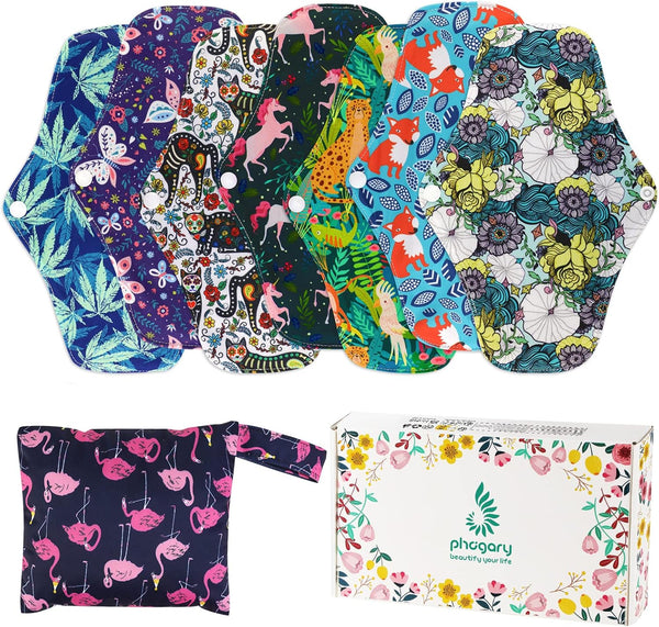 Reusable Menstrual Pads (7 in 1, 25.4cm 4 Layers), Bamboo Cloth Pads for Heavy Flow with Wet Bag