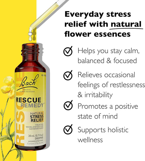 Bach RESCUE REMEDY Dropper 20mL - Natural Stress Relief, Homeopathic Flower Essence