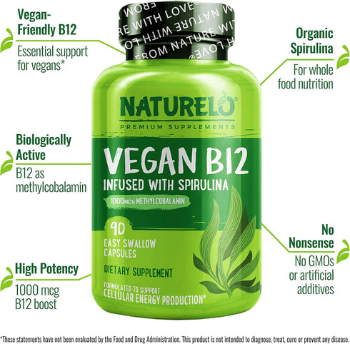 NATURELO Vegan B12 - 180 Capsules of High Potency Methyl B12 with Organic Spirulina for Mood, Energy & Heart Health
