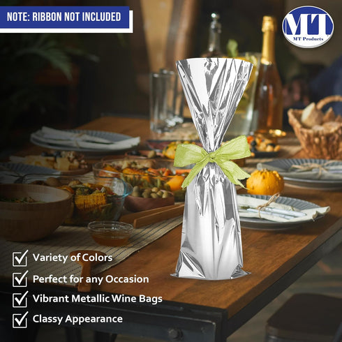 MT Products Silver Metallic Mylar Wine Gift Bags - Pack of 25, 6.5" x 18", Great for Wine Pull