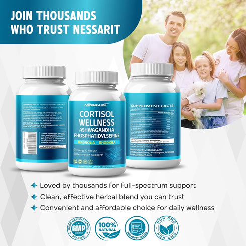 NESSARIT 14-in-1 150 Count CORTISOL Wellness Ashwagandha Natural Blend with Phosphatidylserine Magnolia Rhodiola St.
