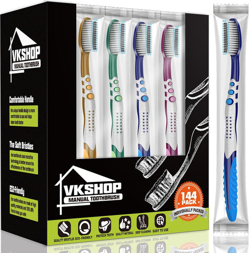 144 Bulk Disposable Toothbrushes, Individually Wrapped, Medium Soft Bristle Manual Travel Toothbrush Set for Adults
