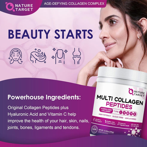 NATURE TARGET Multi Collagen Peptides Powder - Type I, II, III, V, X with Vitamin C, Hyaluronic Acid - 35 Servings