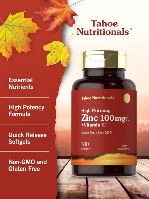 Carlyle Zinc Supplement 100 mg with Vitamin C, 180 Softgels, Non-GMO, Gluten Free