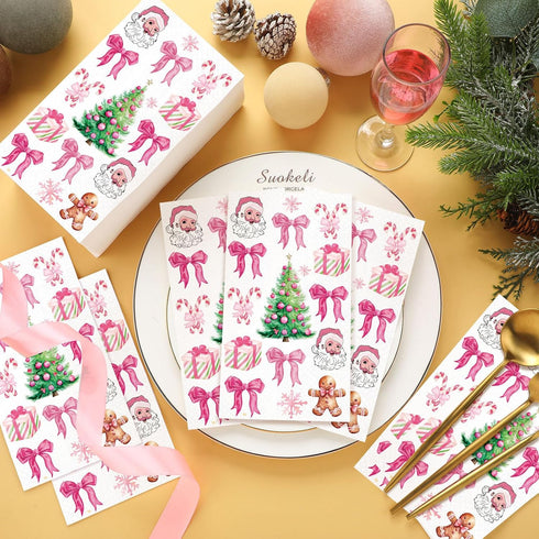 Janlaugh 100 3 Pcs Pink Christmas Elements Napkins Ply Disposable Hand Towels for Bathroom Paper Napkins Guest