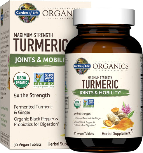 Garden of Life Organics Maximum Strength Turmeric Joints & Mobility Support - 30 Tablets, 500mg Curcumin & Black Pepper