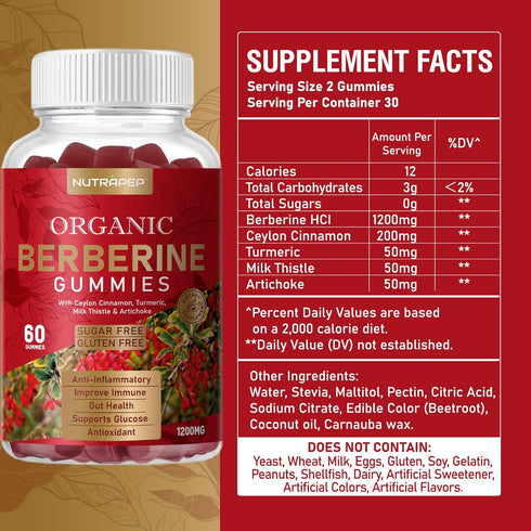 Premium Berberine HCl Gummies, 1200mg with Ceylon Cinnamon and Turmeric, Sugar Free
