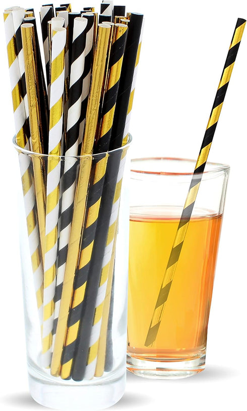 Black and Gold Straws, Biodegradable Disposable Paper Straw Pack for Party Decorations, 125 Count
