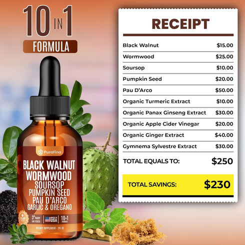 Purafina 98% (2oz) Wormwood Black Walnut Clove Cleanse Liquid Drops with SourSop, Pumpkin Seed, Pau DArco, Garlic & Oil