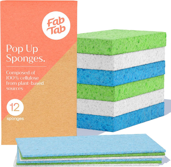 Plant-Based Pop-Up Sponges, Pack of 12 Cellulose Sponges, Highly Absorbent, Non Scratch