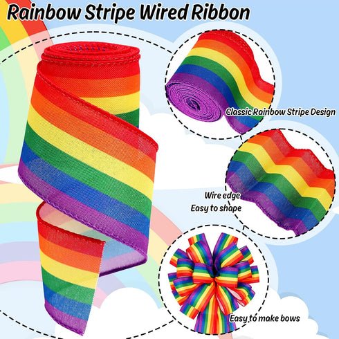 Whaline 2 Rolls Rainbow Stripe Wired Ribbon, 2.5 Inch, Colorful LGBTQ Pride Fabric for Crafts and Gift Wrapping