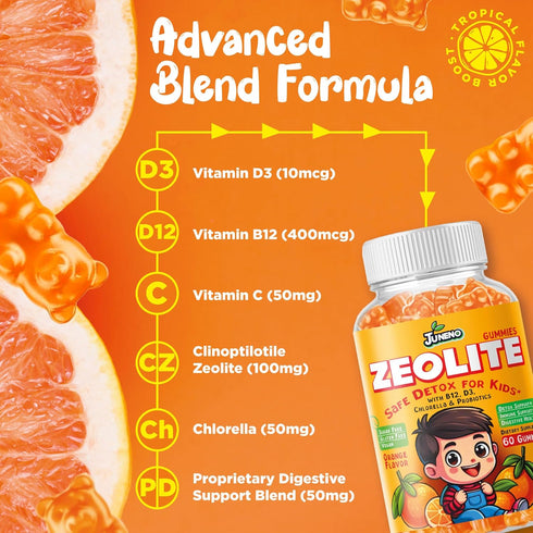 Juneno Gummies Zeolite Kids Detox - Total Body Cleanse Micronized Chewables Supplement with Chlorella - Orange Flavor