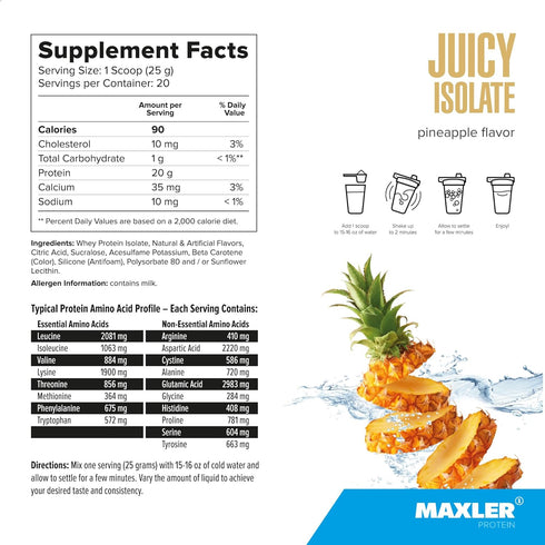 Maxler Juicy Isolate Protein Powder - Clear Whey Isolate, Low Lactose, Fat Free, Sugar Free, Pineapple 1.1lb (20