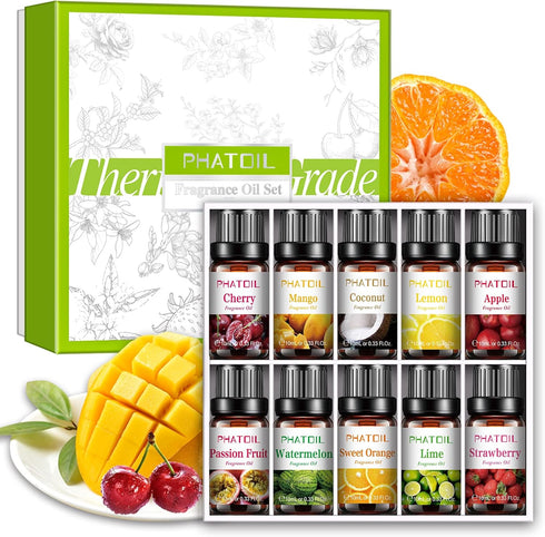 10Pcs Fruity Fragrance Oil Set for Candle Making, Freshie Scents, Coconut, Cherry, Apple, Strawberry, Mango