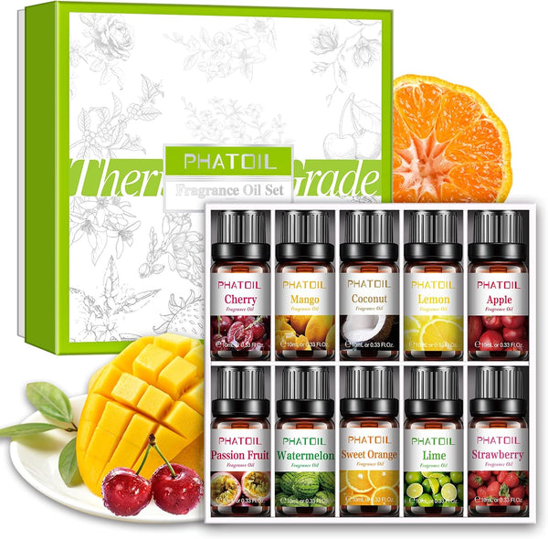 10Pcs Fruity Fragrance Oil Set for Candle Making, Freshie Scents, Coconut, Cherry, Apple, Strawberry, Mango