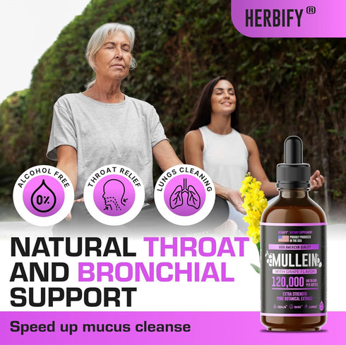 HERBIFY Mullein Drops - 4 Oz Leaf Extract for Lung Cleanse, Immune Support, Detox & Respiratory Support, Grape Flavor