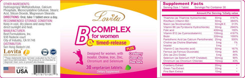 Lovita High Potent Vitamin B Complex for Women, 30 Vegetarian Tablets with Timed Release, Iron & Vitamin C
