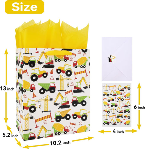 wishinside 13" Set -10.2x5.2x13, 1 Large Construction Vehicle Gift Bag with Greeting Card and Tissue Paper (Yellow Car