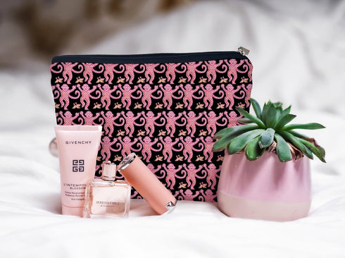 Preppy Pink Makeup Bag, Women's Zipper Pouch for Travel Toiletry, Gifts for Monkey Lovers Teen Girls