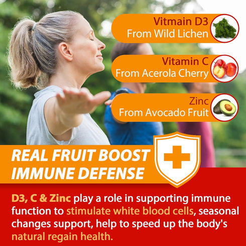 Sugar Free Vitamin C + D3 + Zinc Gummies for Adults 50+, 9 in 1 Immune Defense Supplement with D3 5000IU, Vegan - Pack
