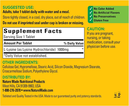 Nature Made L-Lysine 1000 mg | Dietary Supplement | 60 Tablets, 60 Day Supply