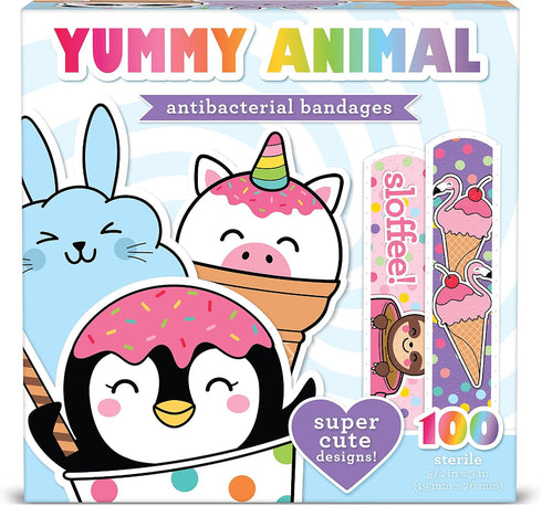 Yummy Animal Kids Bandages, 100 ct, Super Cute Adhesive Bandages for Minor Cuts, Scrapes, Burns, Easter Basket Stuffers