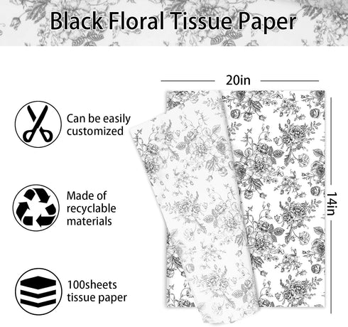 JarThenaAMCS 100 Sheets Black Floral Tissue Paper Chinoiserie Gift Wrapping Paper Vintage Black White Flower Art Paper for DIY Crafts Birthday Baby Shower Wedding Party Decor, 14 x 20 Inch by JarThenaAMCS