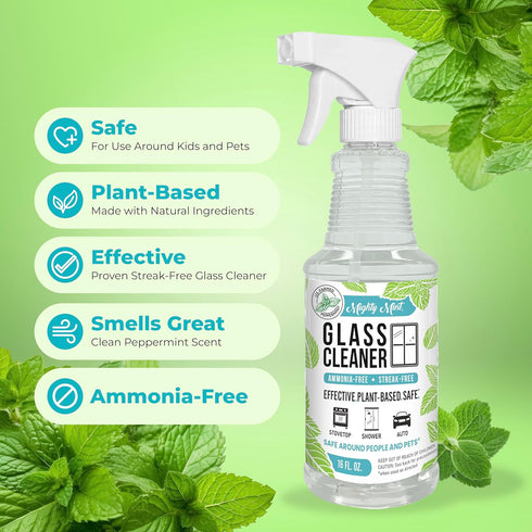 Mighty Mint Glass Cleaner, Non-Toxic Ammonia-Free Streak-Free Spray for Windows, 16oz Natural Peppermint