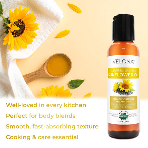 velona USDA Certified Organic Sunflower Oil, 2 Fl Oz - 100% Pure Carrier Oil for Cooking & Skin