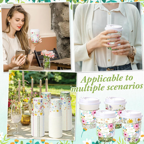 LemonRoad 48 Sets 12 oz 4 Wildflower Paper Disposable Coffee Cups with Lid, Sleeves, Color Spring Cute Flower Designs