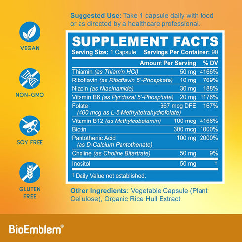 BioEmblem Vitamin B-Complex - 90 Capsules with All 8 Active Forms, Supports Energy, Metabolism, Brain & Heart Health