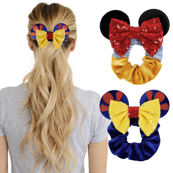 Cute Snow White Mouse Ear Hair Scrunchies for Girls, Velvet Hair Bow Ties, Ponytail Party Favors, Cosplay Accessories