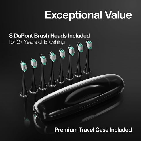 Aquasonic Black Series Ultra Whitening Toothbrush - ADA Accepted Electric Toothbrush with 8 Brush Heads & Travel Case