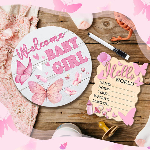 MUZRUYOU Set, Baby Announcement Sign, "Hello World" and "Welcome Baby Girl" Wood Perfect for Hospital Birth Photos