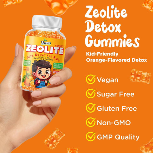 Juneno Gummies Zeolite Kids Detox - Total Body Cleanse Micronized Chewables Supplement with Chlorella - Orange Flavor
