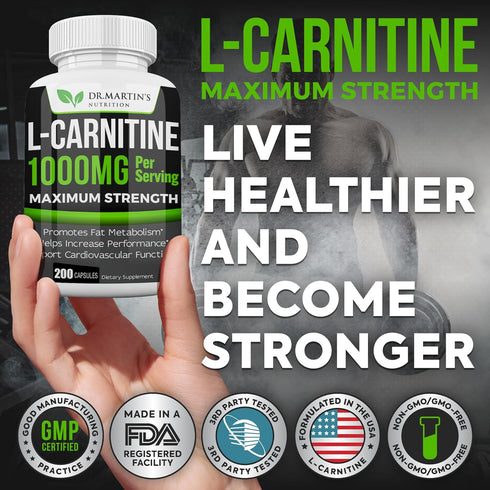 DR. MARTIN'S NUTRITION Extra Strength L-Carnitine - 200 Capsules - 1000mg Per Serving - Increase Performance & Boost